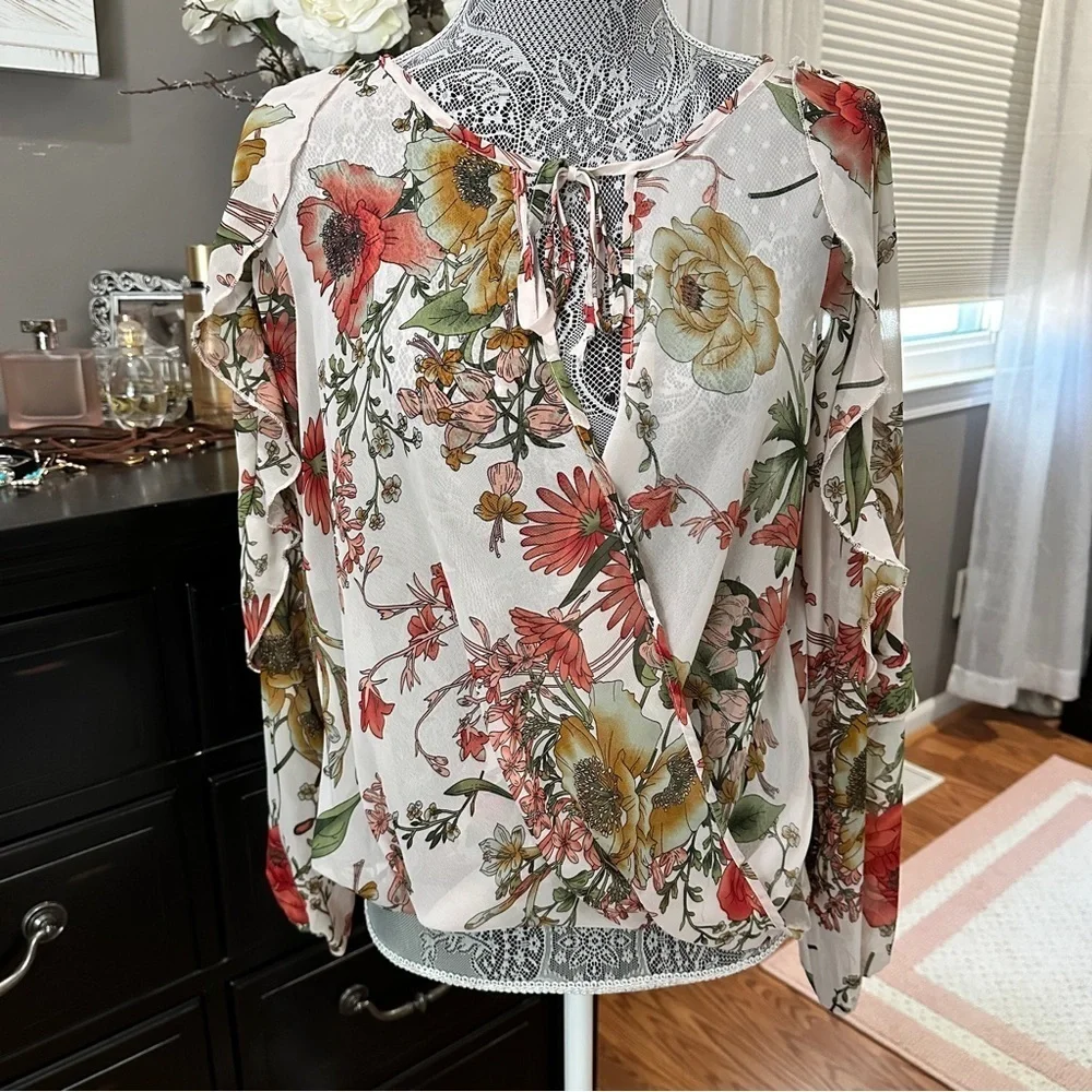 Charlotte Russe Floral Ruffle Sleeve Sheer Peasant Blouse | Size M - Picture 2 of 13